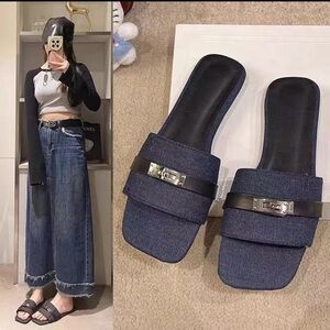 Stylish Blue Denim with Silver Buckle Detail Slide Sandals